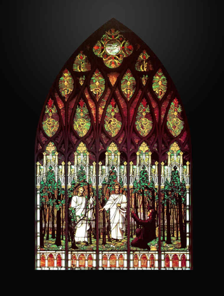 A stained glass window depicting the First Vision